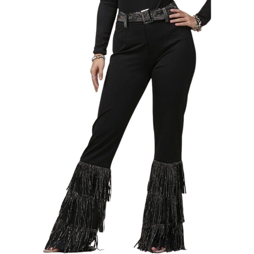 NYLON APPAREL Silver Sparkle Studded Fringe High Waist Western Cha Cha Pants NWT - Picture 3 of 13